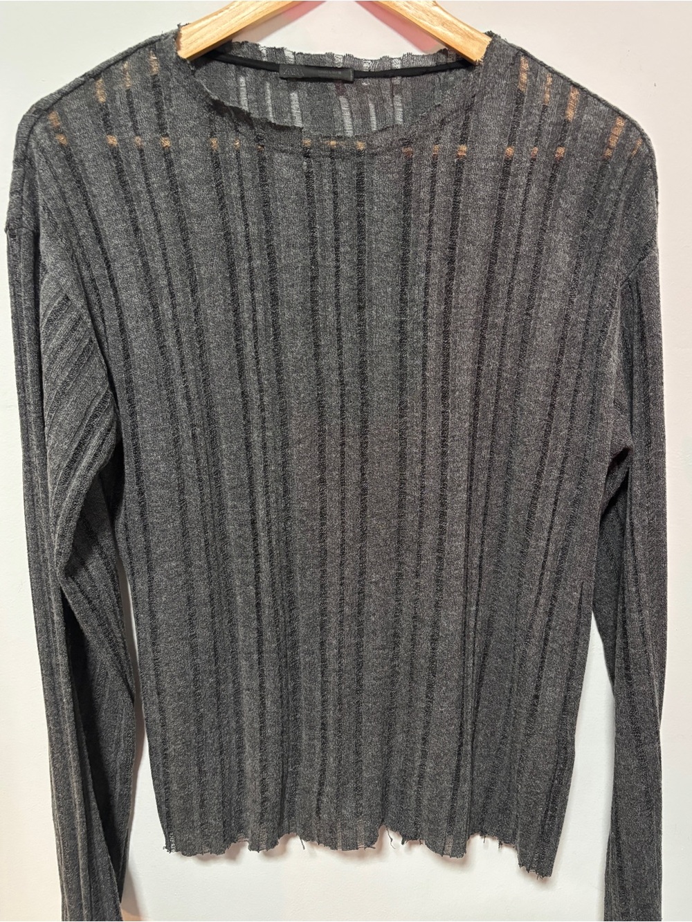 ZARA Gray Semi Sheer Crew Neck Long Sleeve Frayed Hems Sweater Size S
